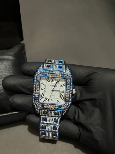 Iced Out Stone Square Watch (Blue) with Box