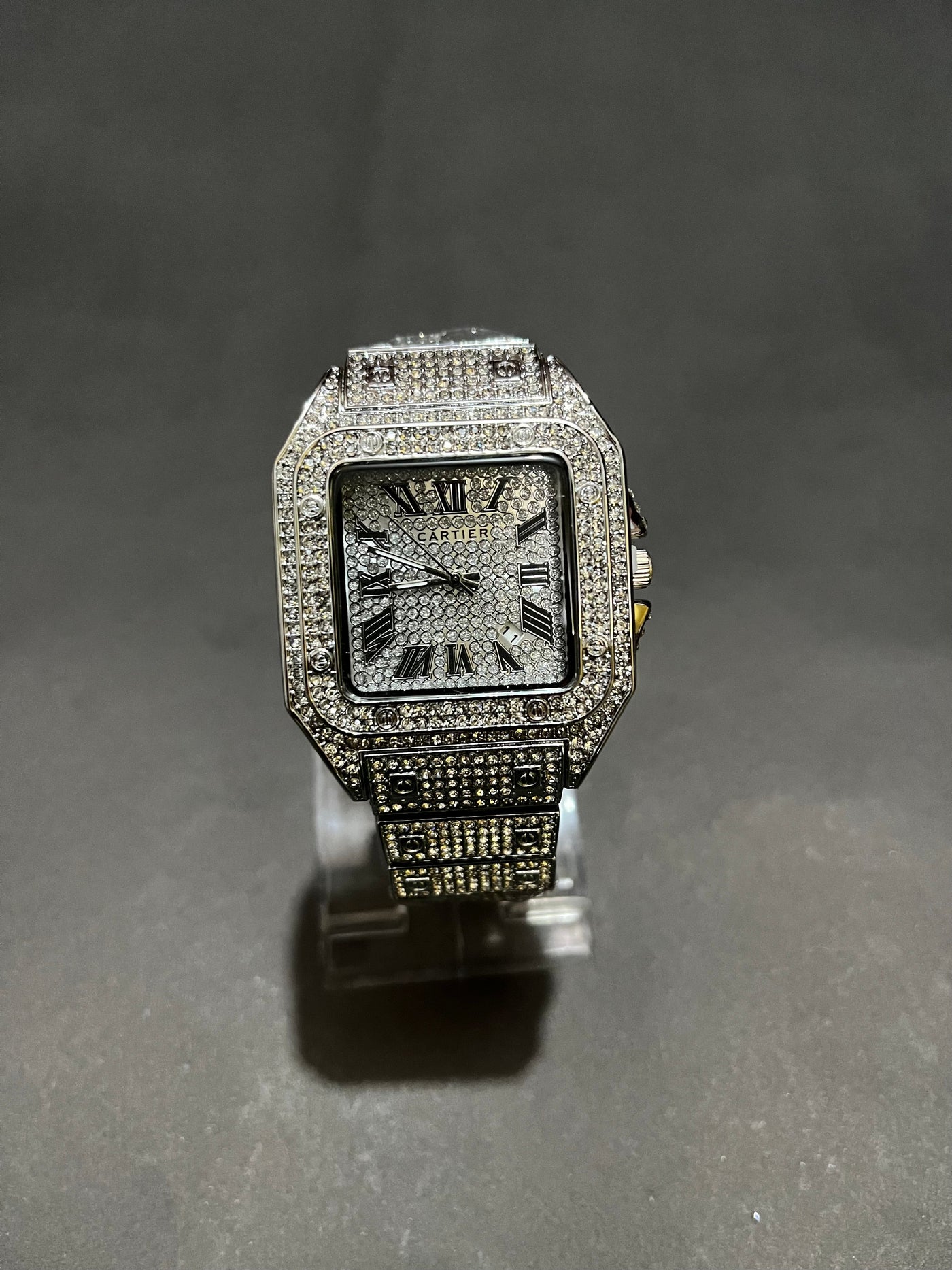 Iced Out Stone Square Watch (Silver) with Box