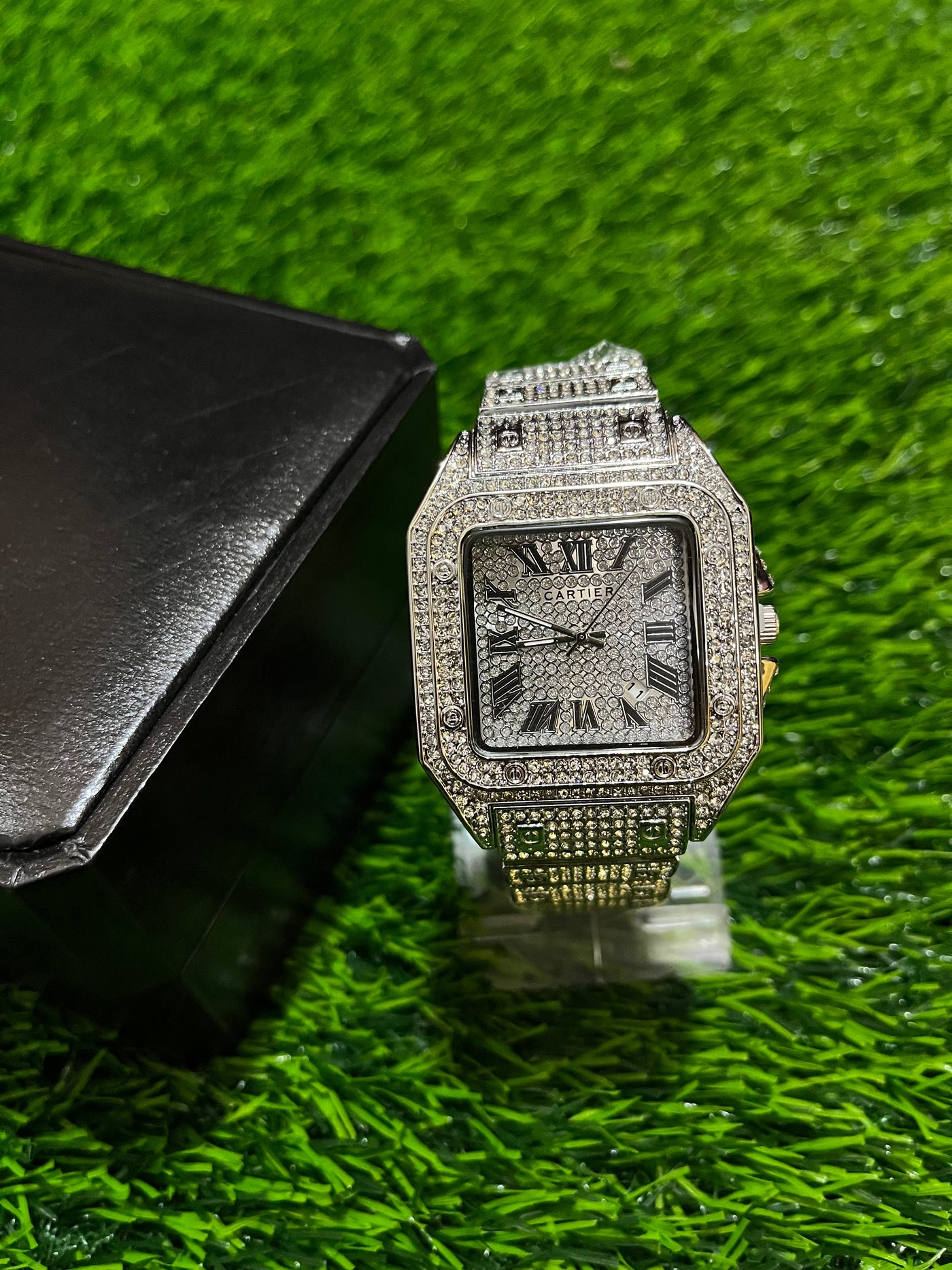 Iced Out Stone Square Watch (Silver) with Box