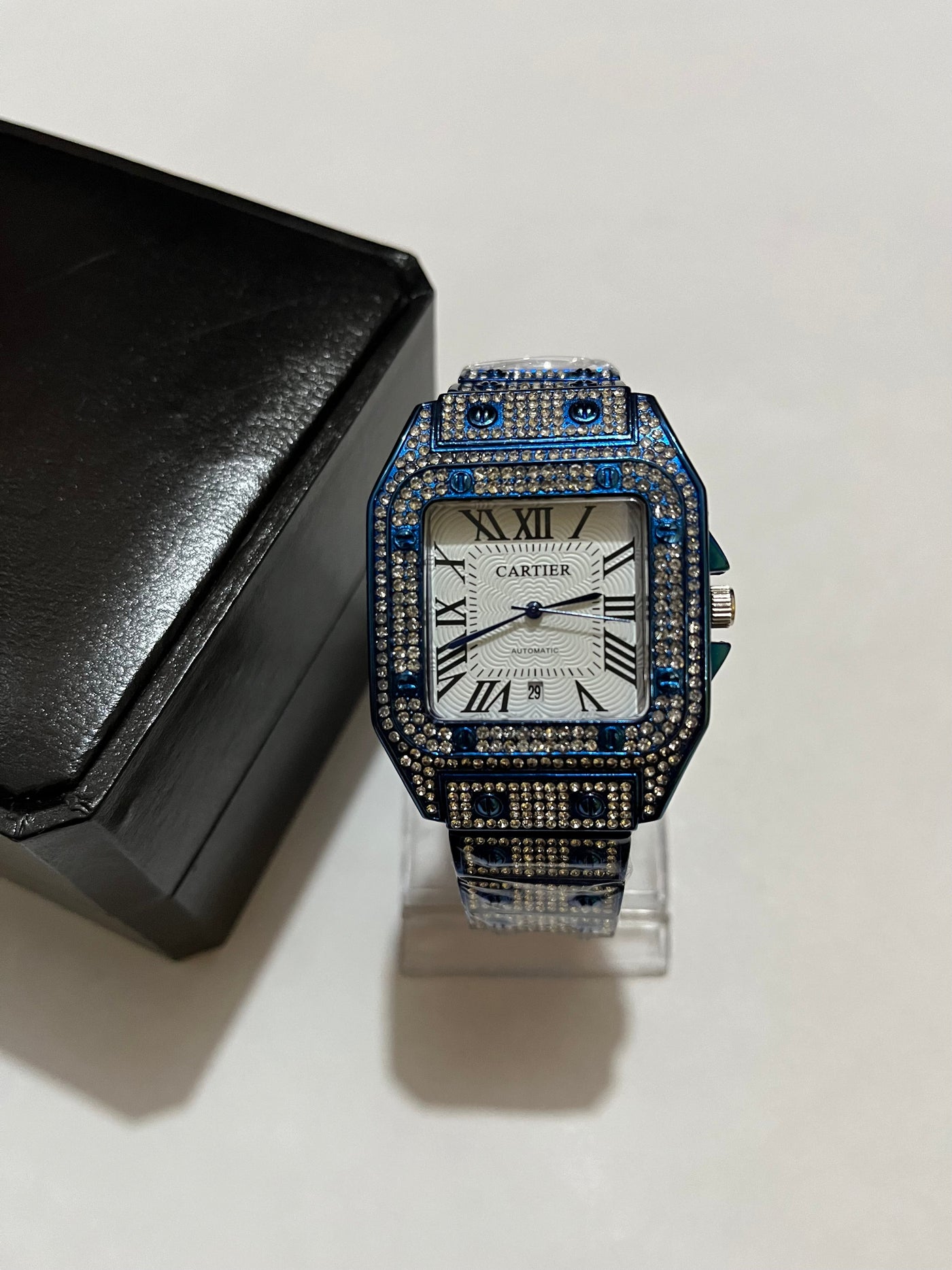 Iced Out Stone Square Watch (Blue) with Box