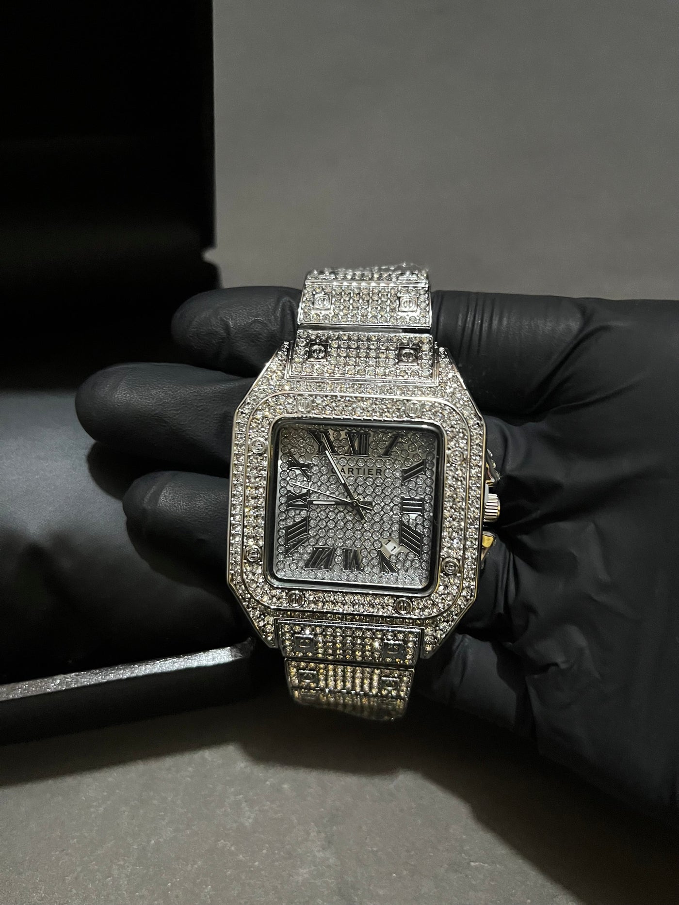 Iced Out Stone Square Watch (Silver) with Box