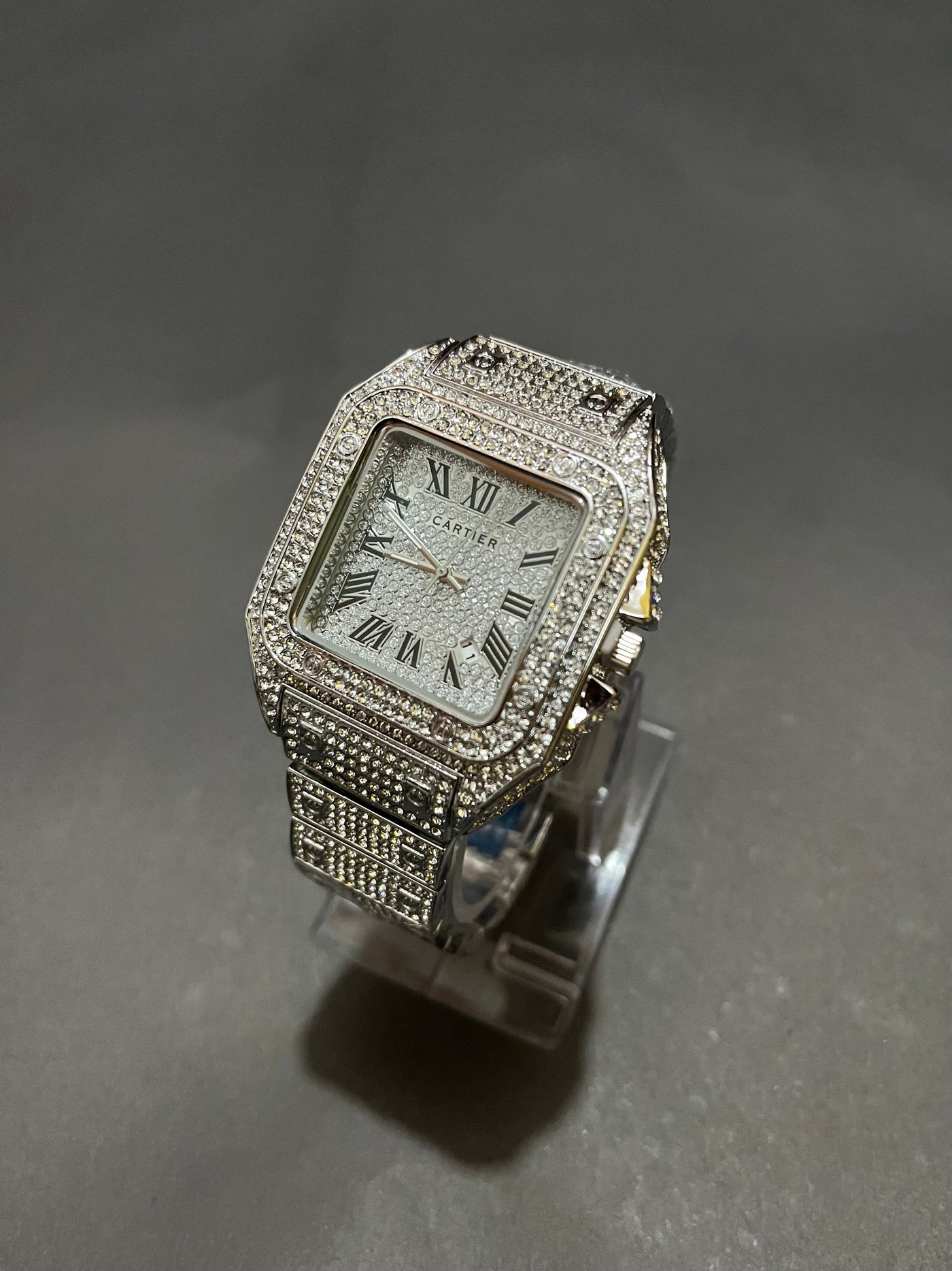 Iced Out Stone Square Watch (Silver) with Box